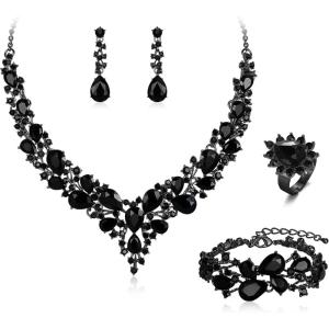 imageBriLove Wedding Bridal Jewelery for Women Austrian Crystal Teardrop Cluster Statement Necklace Dangle Earrings Link Bracelet Set4PcsBlack
