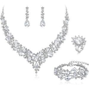 imageBriLove Wedding Bridal Jewelery for Women Austrian Crystal Teardrop Cluster Statement Necklace Dangle Earrings Link Bracelet Set4PcsClear RhodiumTone
