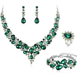 imageBriLove Wedding Bridal Jewelery for Women Austrian Crystal Teardrop Cluster Statement Necklace Dangle Earrings Link Bracelet Set4PcsEmerald Color