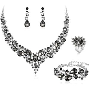 imageBriLove Wedding Bridal Jewelery for Women Austrian Crystal Teardrop Cluster Statement Necklace Dangle Earrings Link Bracelet Set4PcsGrey SilverTone