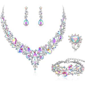 imageBriLove Wedding Bridal Jewelery for Women Austrian Crystal Teardrop Cluster Statement Necklace Dangle Earrings Link Bracelet Set4PcsIridescent AB SilverTone