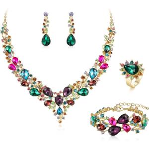 imageBriLove Wedding Bridal Jewelery for Women Austrian Crystal Teardrop Cluster Statement Necklace Dangle Earrings Link Bracelet Set4PcsMulticolor GoldToned