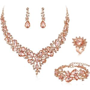 imageBriLove Wedding Bridal Jewelery for Women Austrian Crystal Teardrop Cluster Statement Necklace Dangle Earrings Link Bracelet Set4PcsPeach RodeGoldTone