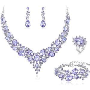 imageBriLove Wedding Bridal Jewelery for Women Austrian Crystal Teardrop Cluster Statement Necklace Dangle Earrings Link Bracelet Set4PcsPurple SilverTone