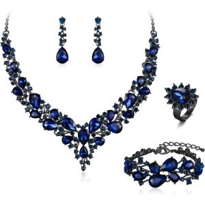imageBriLove Wedding Bridal Jewelery for Women Austrian Crystal Teardrop Cluster Statement Necklace Dangle Earrings Link Bracelet Set4PcsSapphire Color GoldTone