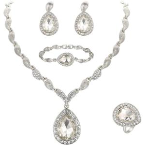 imageBriLove Womens Africa 18k Gold Plated Jewelry Set Crystal Rhinestones Petals Teardrop Cluster Bib Statement Necklace Link Bracelet Dangle Earrings Ring for Prom01Clear SilverTone