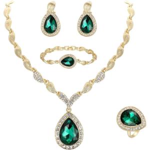 imageBriLove Womens Africa 18k Gold Plated Jewelry Set Crystal Rhinestones Petals Teardrop Cluster Bib Statement Necklace Link Bracelet Dangle Earrings Ring for Prom02Emerald Color GoldTone