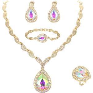 imageBriLove Womens Africa 18k Gold Plated Jewelry Set Crystal Rhinestones Petals Teardrop Cluster Bib Statement Necklace Link Bracelet Dangle Earrings Ring for Prom05Iridescent AB GoldTone