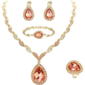imageBriLove Womens Africa 18k Gold Plated Jewelry Set Crystal Rhinestones Petals Teardrop Cluster Bib Statement Necklace Link Bracelet Dangle Earrings Ring for Prom06Peach RoseGoldTone