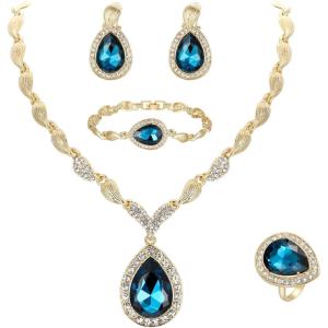 imageBriLove Womens Africa 18k Gold Plated Jewelry Set Crystal Rhinestones Petals Teardrop Cluster Bib Statement Necklace Link Bracelet Dangle Earrings Ring for Prom03Blue Topaz GoldTone