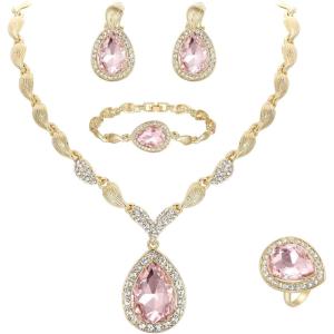 imageBriLove Womens Africa 18k Gold Plated Jewelry Set Crystal Rhinestones Petals Teardrop Cluster Bib Statement Necklace Link Bracelet Dangle Earrings Ring for Prom08Pink GoldTone