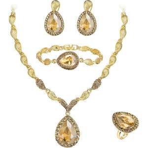 imageBriLove Womens Africa 18k Gold Plated Jewelry Set Crystal Rhinestones Petals Teardrop Cluster Bib Statement Necklace Link Bracelet Dangle Earrings Ring for Prom07Champagne GoldTone
