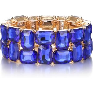 imageBriLove Womens Gorgeous Sparkling Crystal Emerald Cut Stretch Bangle Bracelet for Wedding Party Prom Jewelry AccessoriesBBlue GoldTone