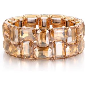 imageBriLove Womens Gorgeous Sparkling Crystal Emerald Cut Stretch Bangle Bracelet for Wedding Party Prom Jewelry AccessoriesBChampagne GoldTone