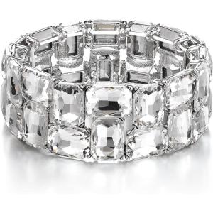 imageBriLove Womens Gorgeous Sparkling Crystal Emerald Cut Stretch Bangle Bracelet for Wedding Party Prom Jewelry AccessoriesBClear SilverTone