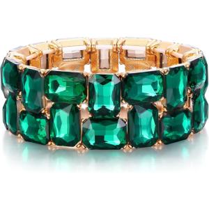 imageBriLove Womens Gorgeous Sparkling Crystal Emerald Cut Stretch Bangle Bracelet for Wedding Party Prom Jewelry AccessoriesBEmerald Color GoldTone