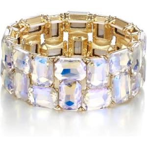 imageBriLove Womens Gorgeous Sparkling Crystal Emerald Cut Stretch Bangle Bracelet for Wedding Party Prom Jewelry AccessoriesBIridescent AB GoldTone