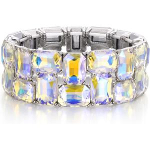 imageBriLove Womens Gorgeous Sparkling Crystal Emerald Cut Stretch Bangle Bracelet for Wedding Party Prom Jewelry AccessoriesBIridescent AB SilverTone