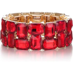 imageBriLove Womens Gorgeous Sparkling Crystal Emerald Cut Stretch Bangle Bracelet for Wedding Party Prom Jewelry AccessoriesBRuby Color GoldTone