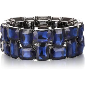 imageBriLove Womens Gorgeous Sparkling Crystal Emerald Cut Stretch Bangle Bracelet for Wedding Party Prom Jewelry AccessoriesBSapphire Color BlackTone