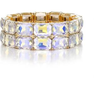 imageBriLove Womens Gorgeous Sparkling Crystal Emerald Cut Stretch Bangle Bracelet for Wedding Party Prom Jewelry AccessoriesCIridescent AB