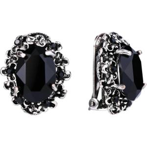 imageBriLove Womens Victorian Style Crystal Floral Cameo Inspired Oval ClipOn EarringsBlack AntiqueSilverTone