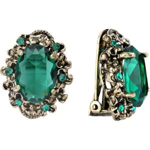 imageBriLove Womens Victorian Style Crystal Floral Cameo Inspired Oval ClipOn EarringsEmerald Color AntiqueGoldTone