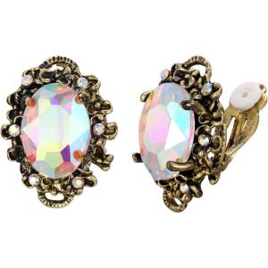 imageBriLove Womens Victorian Style Crystal Floral Cameo Inspired Oval ClipOn EarringsIridescent AB AntiqueGoldToned