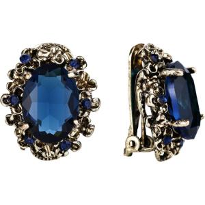 imageBriLove Womens Victorian Style Crystal Floral Cameo Inspired Oval ClipOn EarringsNavy Blue AntiqueGoldTone