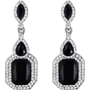 imageBriLove Womens Wedding Bridal Crystal Emerald Cut Infinity Figure 8 Chandelier ClipOn Dangle EarringsBlack BlackTone