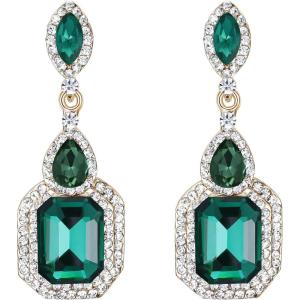 imageBriLove Womens Wedding Bridal Crystal Emerald Cut Infinity Figure 8 Chandelier ClipOn Dangle EarringsEmerald Color GoldTone