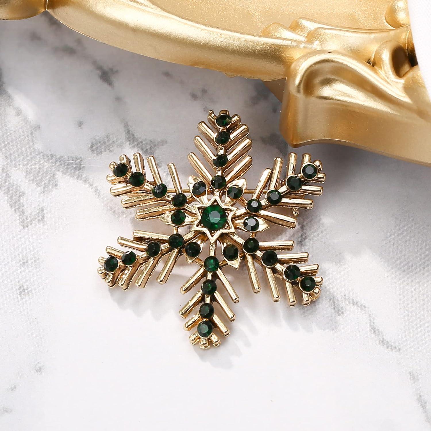 imageBriLove Xmas Christmas Winter Snowflake Brooch Pin Crystal Elegant Decorative Gift for WomenEmerald Color GoldTone