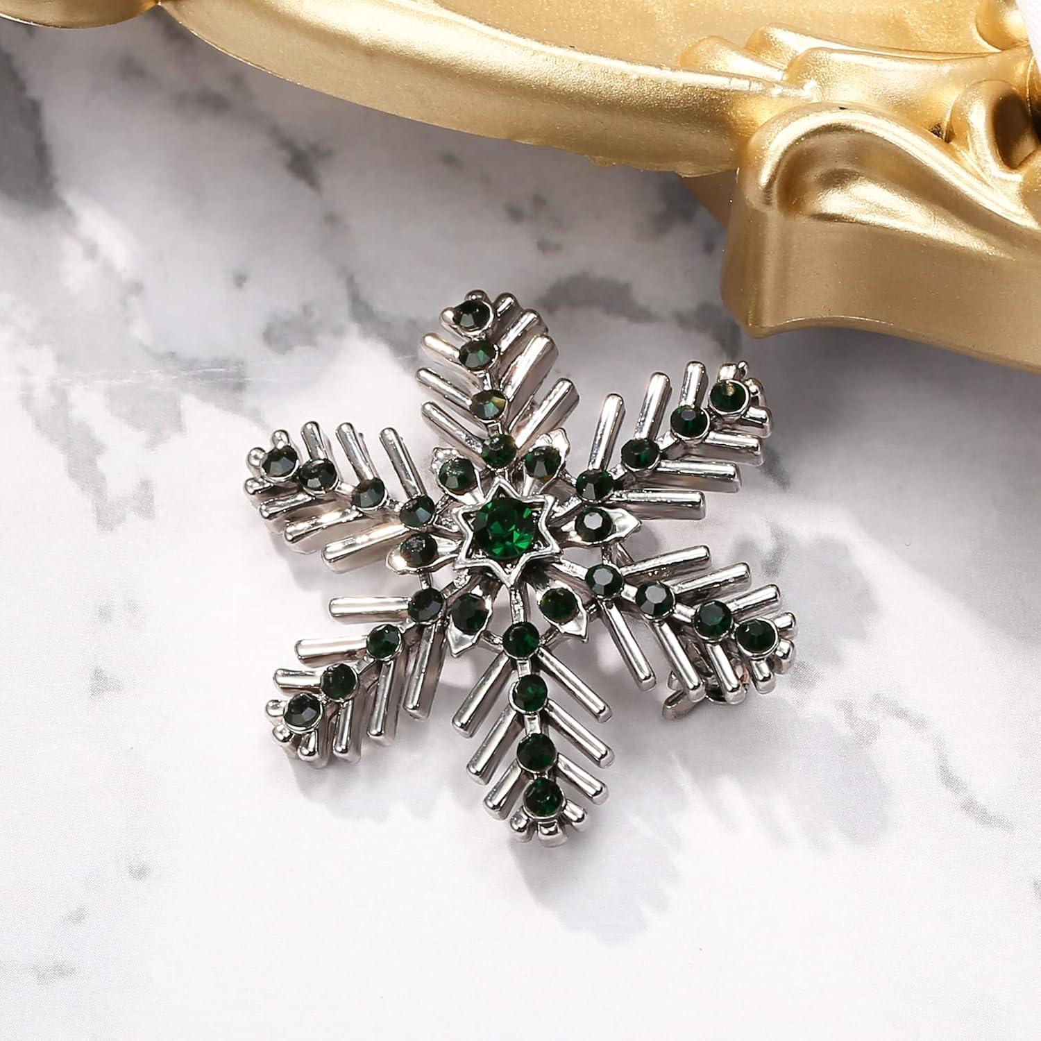imageBriLove Xmas Christmas Winter Snowflake Brooch Pin Crystal Elegant Decorative Gift for WomenEmerald Color SilverTone