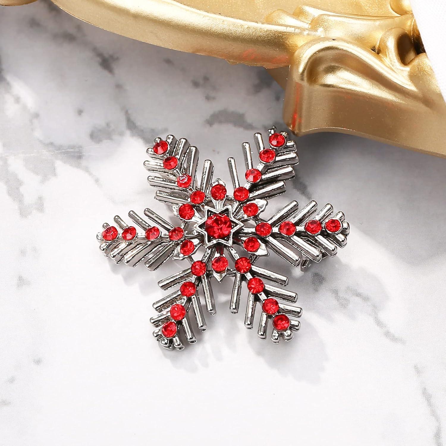 imageBriLove Xmas Christmas Winter Snowflake Brooch Pin Crystal Elegant Decorative Gift for WomenRuby Color SilverTone