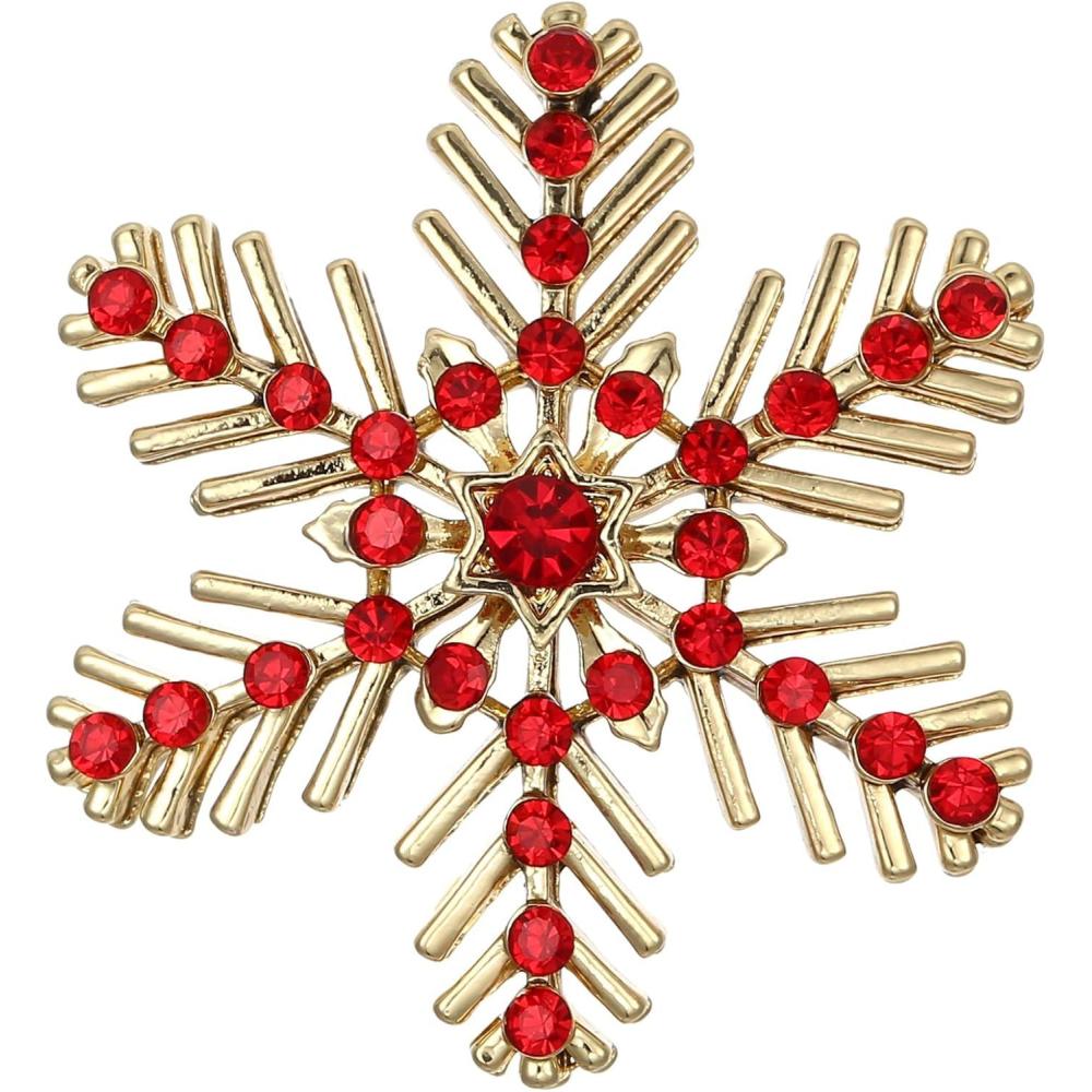 imageBriLove Xmas Christmas Winter Snowflake Brooch Pin Crystal Elegant Decorative Gift for WomenRuby Color GoldTone