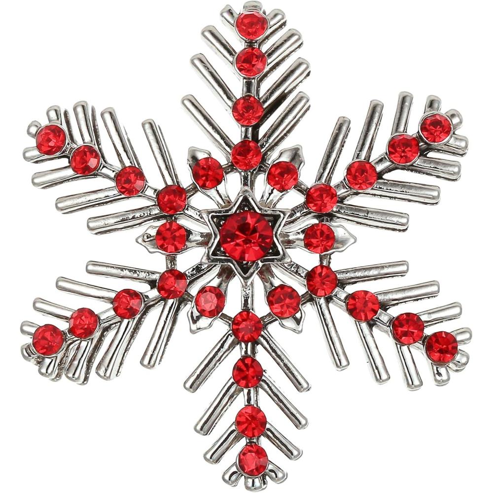 imageBriLove Xmas Christmas Winter Snowflake Brooch Pin Crystal Elegant Decorative Gift for WomenRuby Color SilverTone