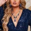 imageBriLove Wedding Bridal Jewelry for Women Multi Teardrop Cluster Crystal Statement Necklace Dangle Earrings Link Bracelet SetSapphire Color GoldTone