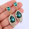 imageBriLove Womens Wedding Bridal Crystal Teardrop Cluster Beaded Chandelier Dangle Pierced EarringsEmerald Color GoldTone