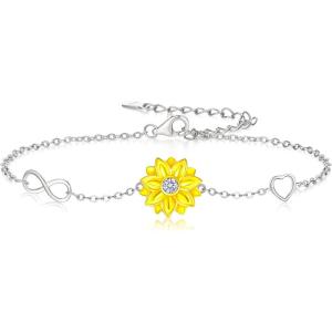 imageBriLove 925 Sterling Silver CZ Sunflower Bracelet for Women Adjustable Infinity Heart Charm Jewelry Gifts Clear
