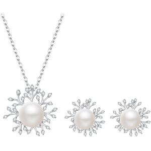 imageBriLove 925 Sterling Silver Winter Daily Snowflake Jewellery set for Women Freshwater Cultured Pearl CZ Pendant Necklace Stud Earrings Gifts Valentines DayMothers DayBirthdayAnniversary