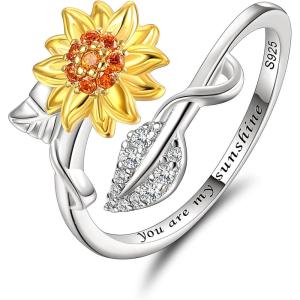 imageBriLove Gifts for Mom Women 925 Sterling Silver Cubic Zirconia Engraved you are my sunshine Dainty Sunflower Adjustable Statement Ring for Daily Wear ChristmasAnniversaryYellow SilverTone