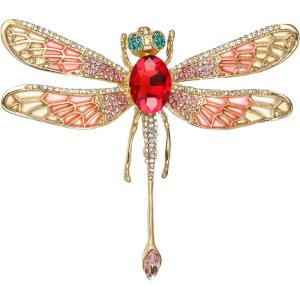 imageBriLove Rhinestone Dragonfly Brooch Pin for Women Insect Themed Animal BroochesRuby Color GoldTone