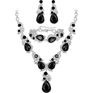 imageBriLove Wedding Bridal Jewelry for Women Multi Teardrop Cluster Crystal Statement Necklace Dangle Earrings Link Bracelet SetBlack SilverTone