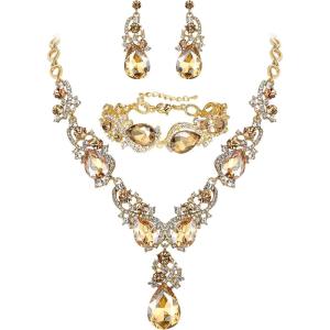imageBriLove Wedding Bridal Jewelry for Women Multi Teardrop Cluster Crystal Statement Necklace Dangle Earrings Link Bracelet SetChampagne