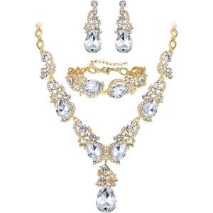 imageBriLove Wedding Bridal Jewelry for Women Multi Teardrop Cluster Crystal Statement Necklace Dangle Earrings Link Bracelet SetClear GoldTone