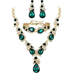 imageBriLove Wedding Bridal Jewelry for Women Multi Teardrop Cluster Crystal Statement Necklace Dangle Earrings Link Bracelet SetEmerald Color GoldTone