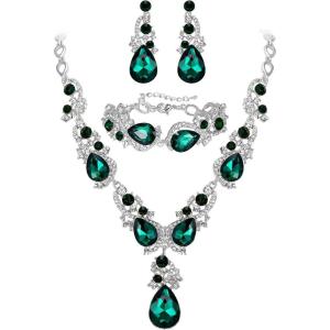 imageBriLove Wedding Bridal Jewelry for Women Multi Teardrop Cluster Crystal Statement Necklace Dangle Earrings Link Bracelet SetEmerald Color SilverTone