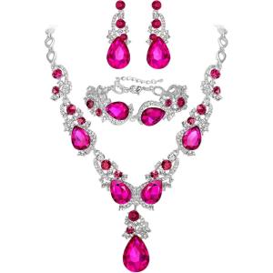 imageBriLove Wedding Bridal Jewelry for Women Multi Teardrop Cluster Crystal Statement Necklace Dangle Earrings Link Bracelet SetFuchsia SilverTone