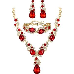 imageBriLove Wedding Bridal Jewelry for Women Multi Teardrop Cluster Crystal Statement Necklace Dangle Earrings Link Bracelet SetRuby Color GoldTone