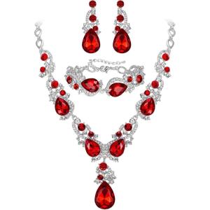 imageBriLove Wedding Bridal Jewelry for Women Multi Teardrop Cluster Crystal Statement Necklace Dangle Earrings Link Bracelet SetRuby Color SilverTone